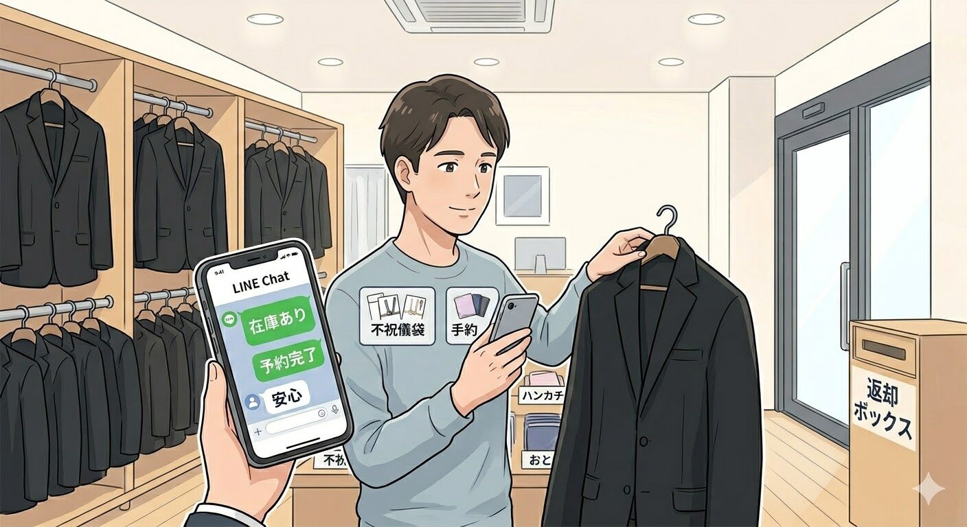 喪服のミライ店内 LINE予約・現地販売品・返却ボックス