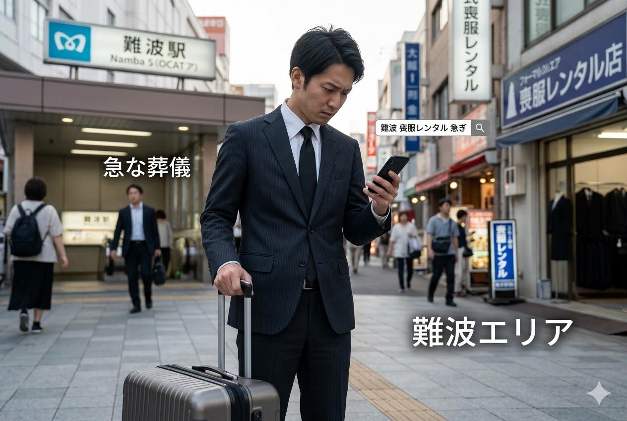 難波エリアで急な葬儀に備えて喪服を探すビジネスマン