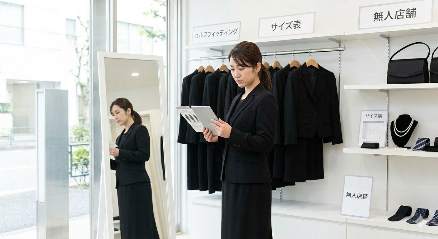 無人店舗でセルフフィッティング サイズ表を見ながら最適な一着を選べる