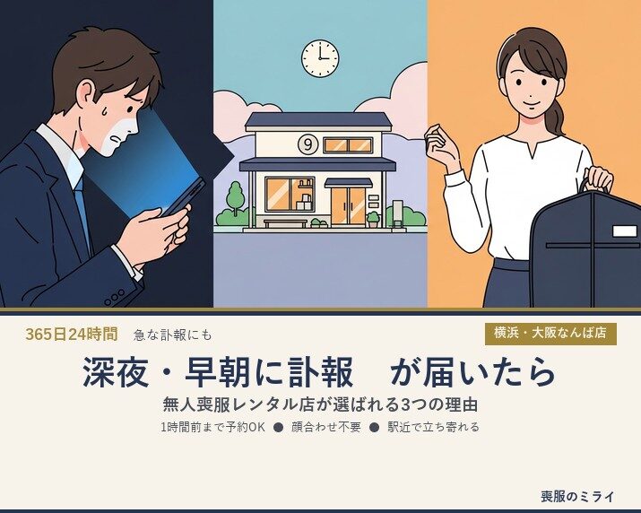 深夜・早朝に訃報が届いたら｜無人喪服レンタル店が選ばれる3つの理由
